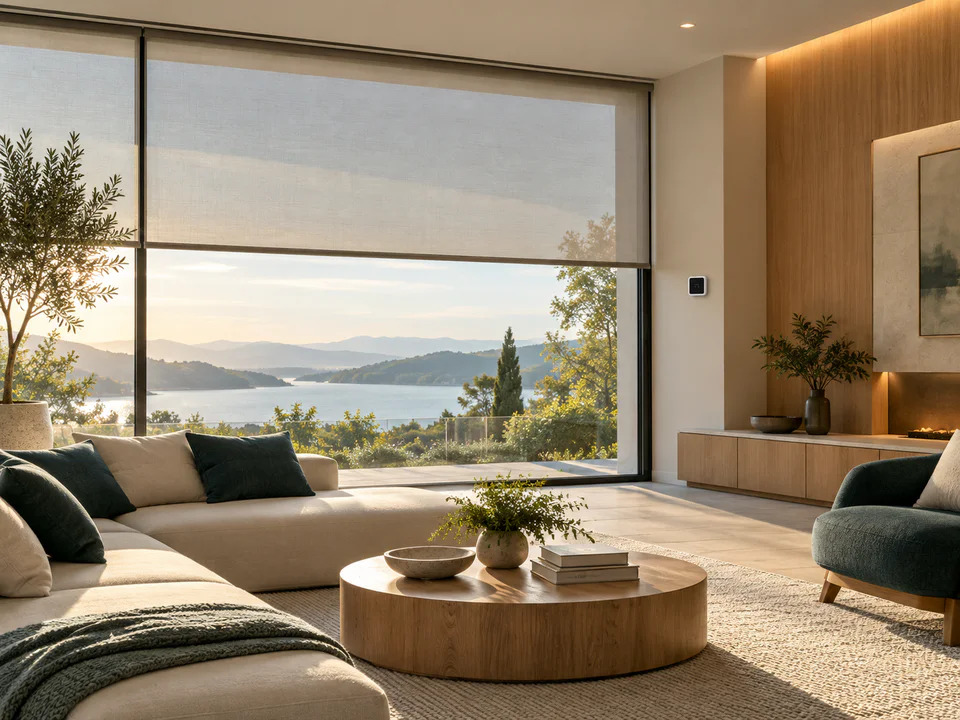 Bright modern room with automated shades and climate control