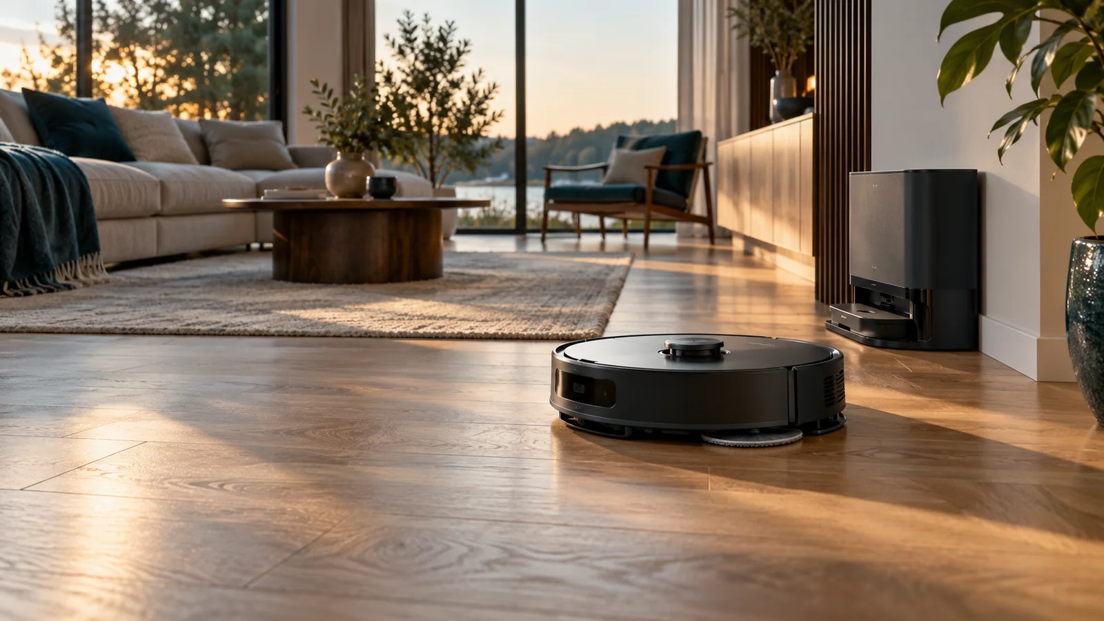 Robot vacuum mop on an oak floor near its dock in a modern living room