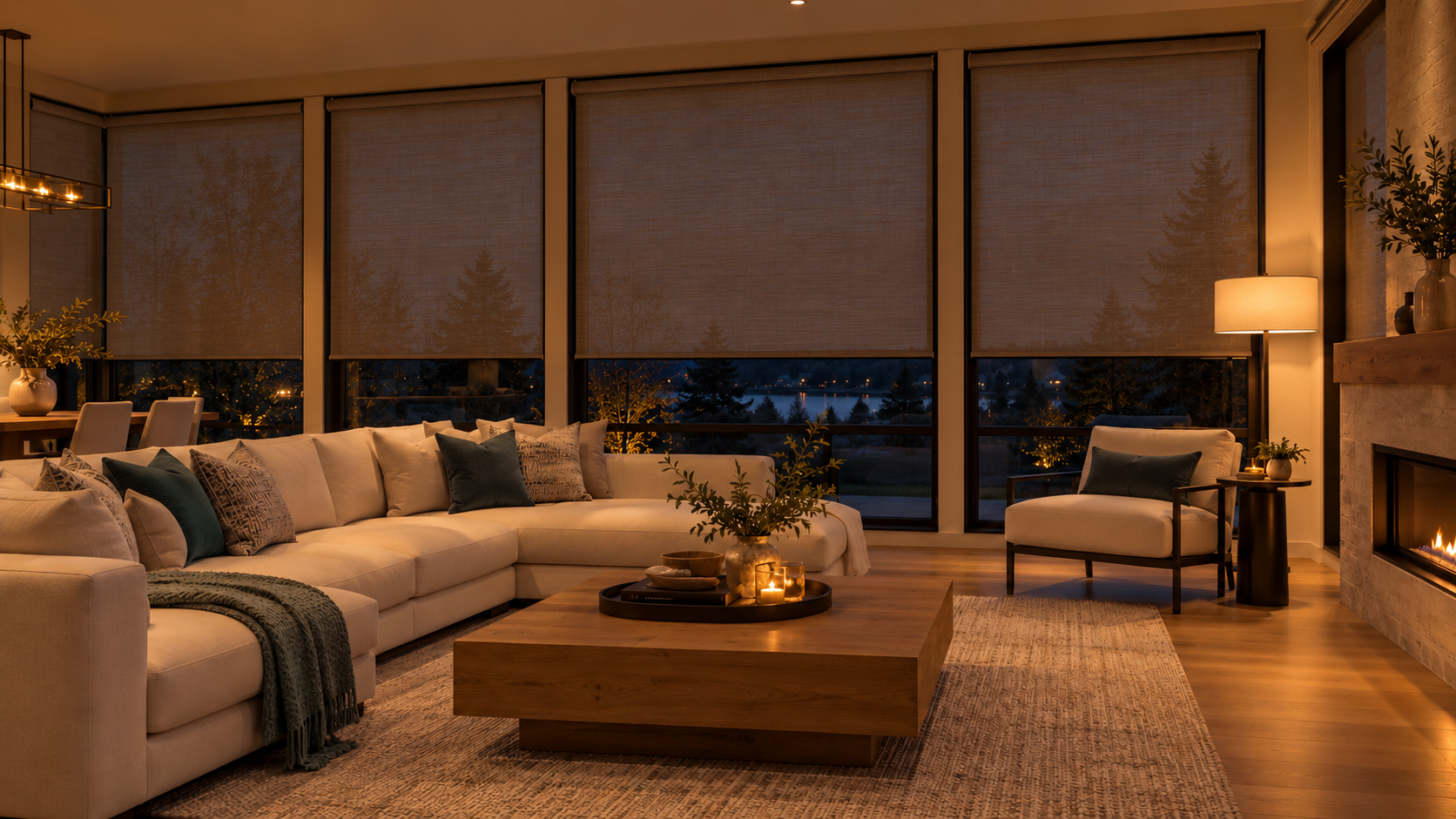 Same living room with roller shades lowered and warm evening lighting