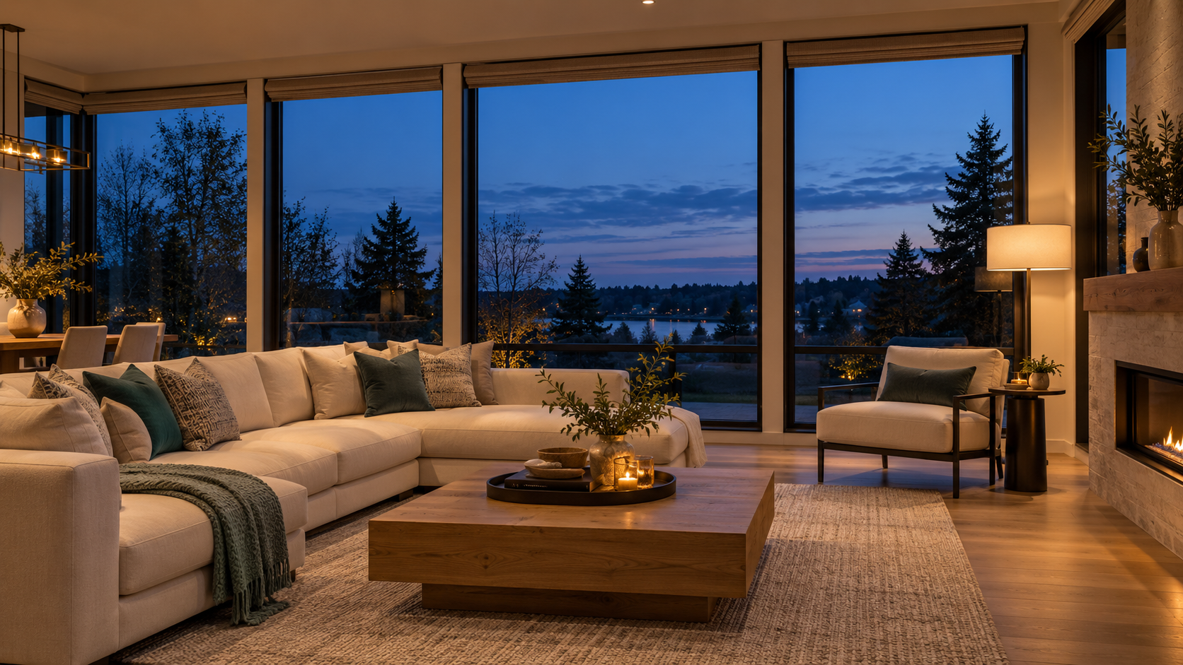 Blue-hour living room with roller shades mounted inside the window frames