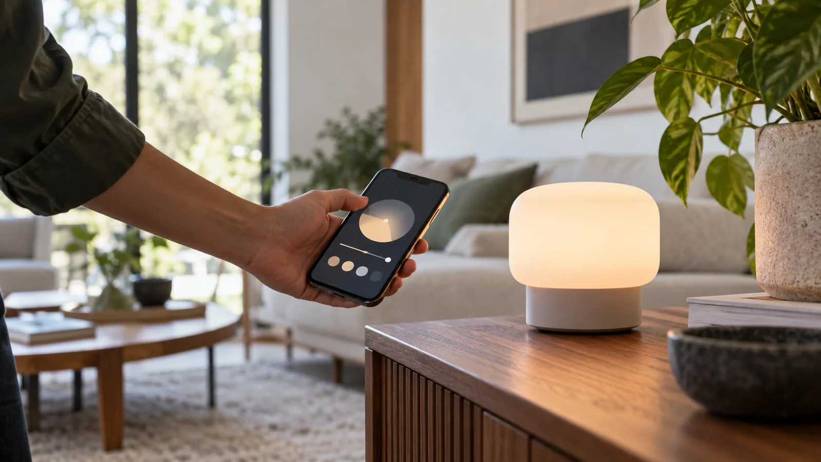 Phone setting up a small connected lamp in a real living room