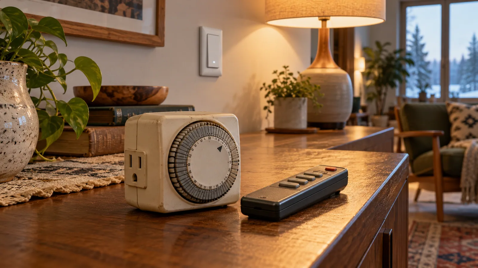 Vintage lamp timer and remote beside a modern smart switch