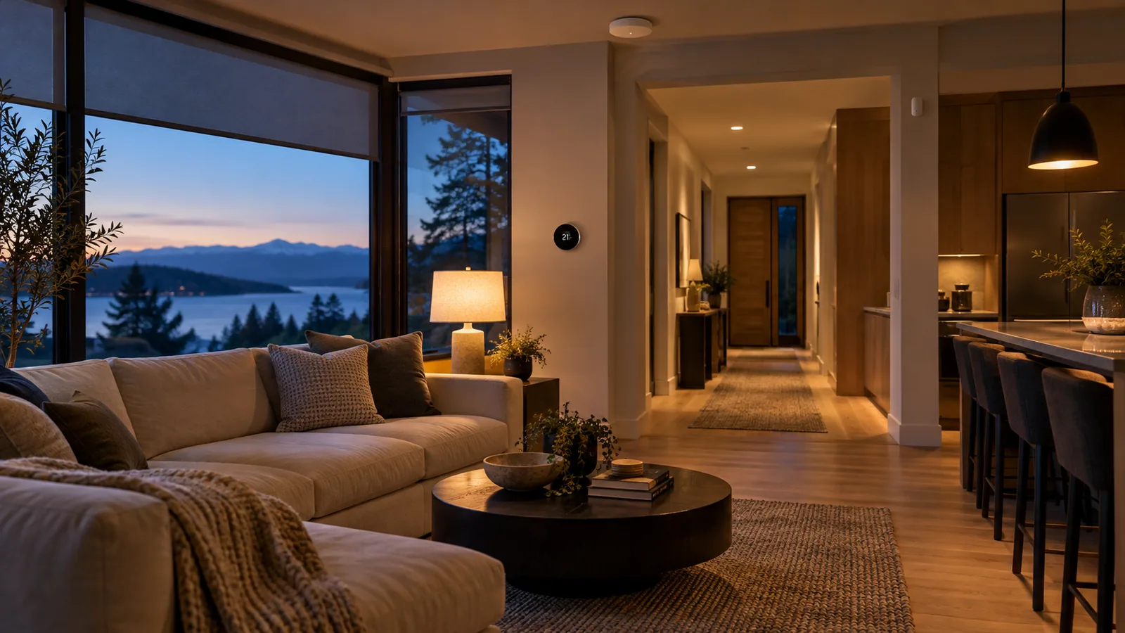 Modern connected living room at dusk