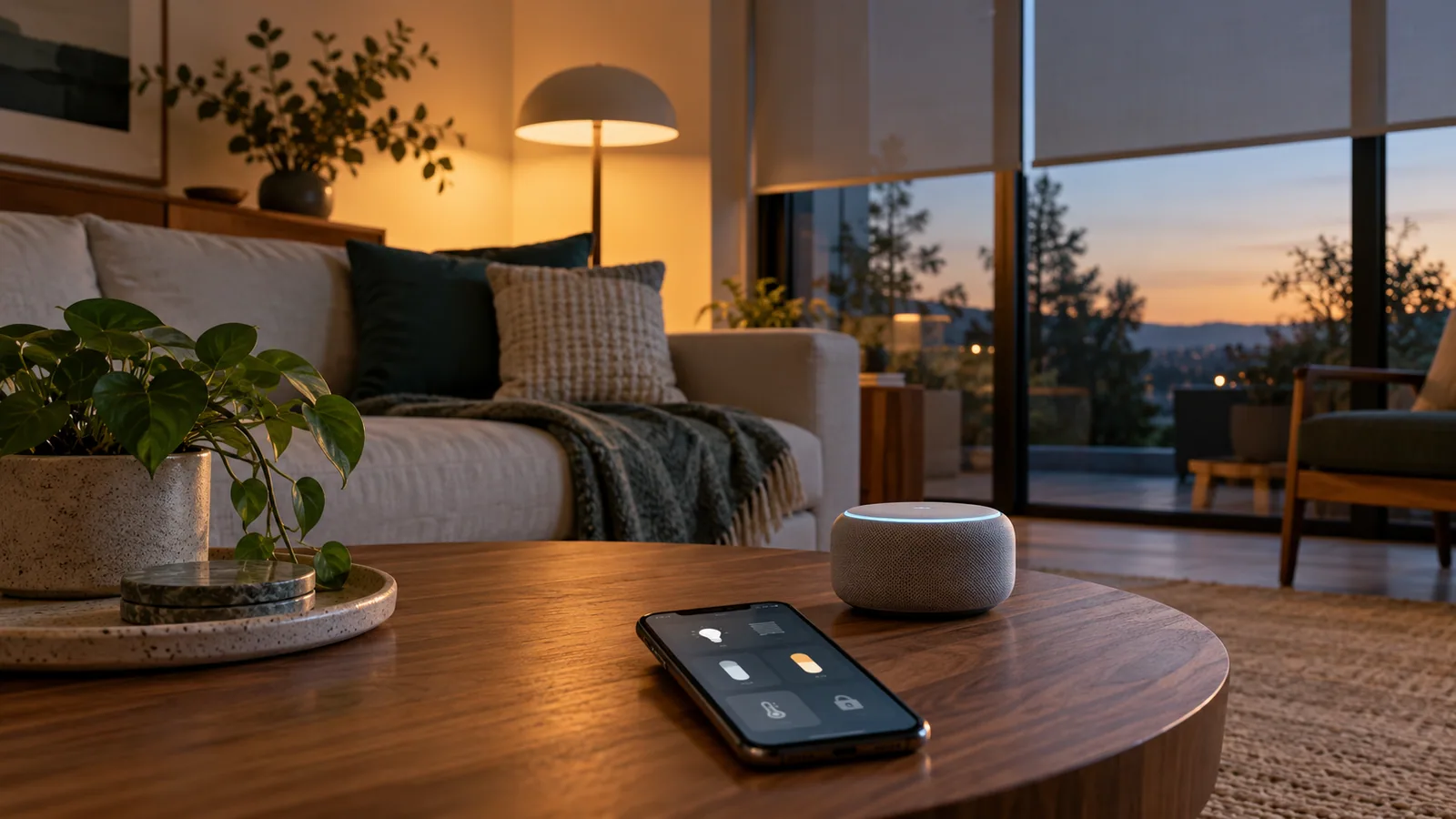 Smart speaker, phone and automated shades in a warm living room