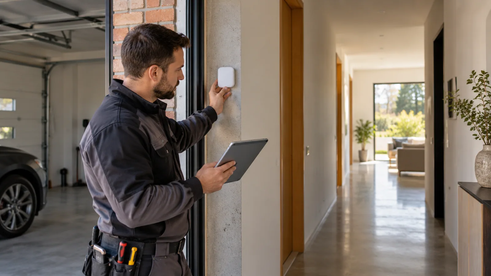 Installer assessing sensor placement at a garage and hallway doorway