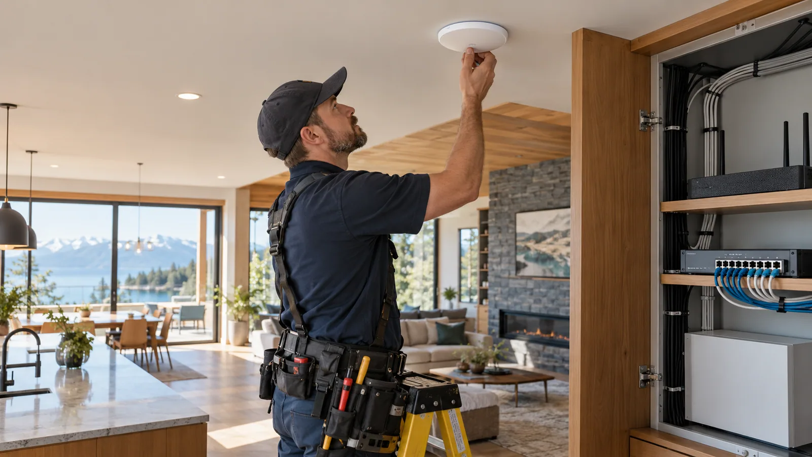 Installer checking a ceiling network access point beside tidy Ethernet equipment