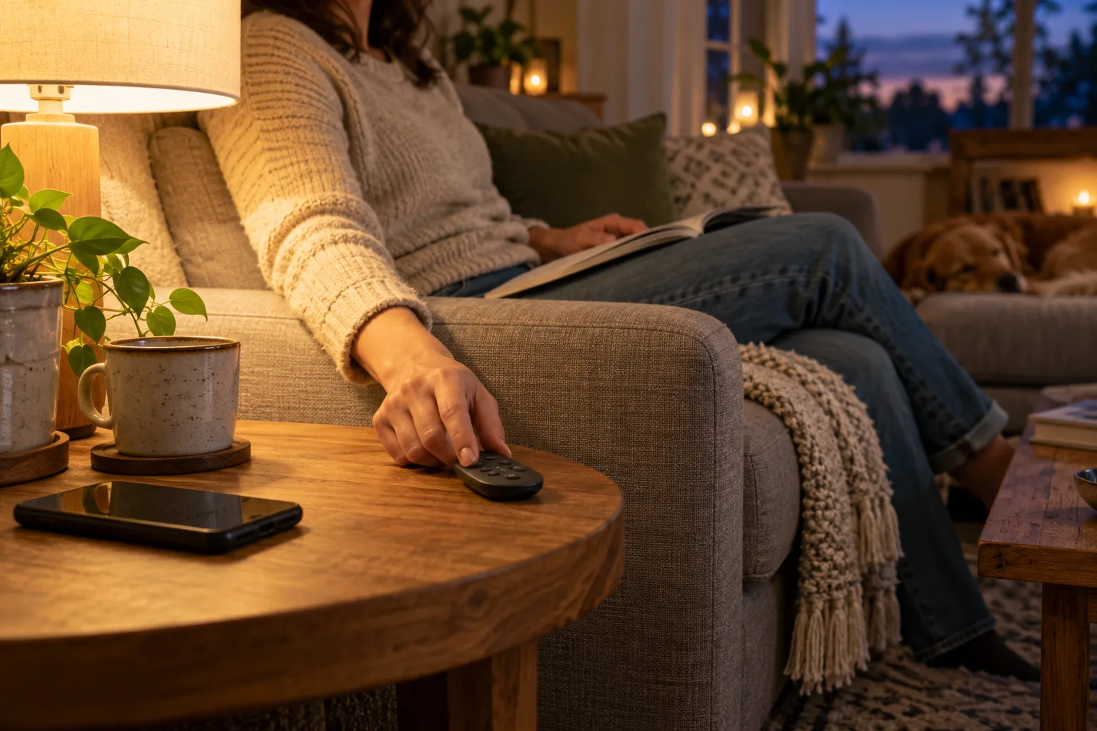 Illustrative reader using a small tactile remote beside a warm living room lamp.