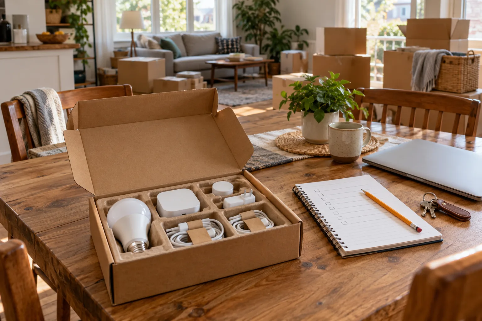 Illustrative moving day table with carefully packed generic smart devices, notebook and keys.