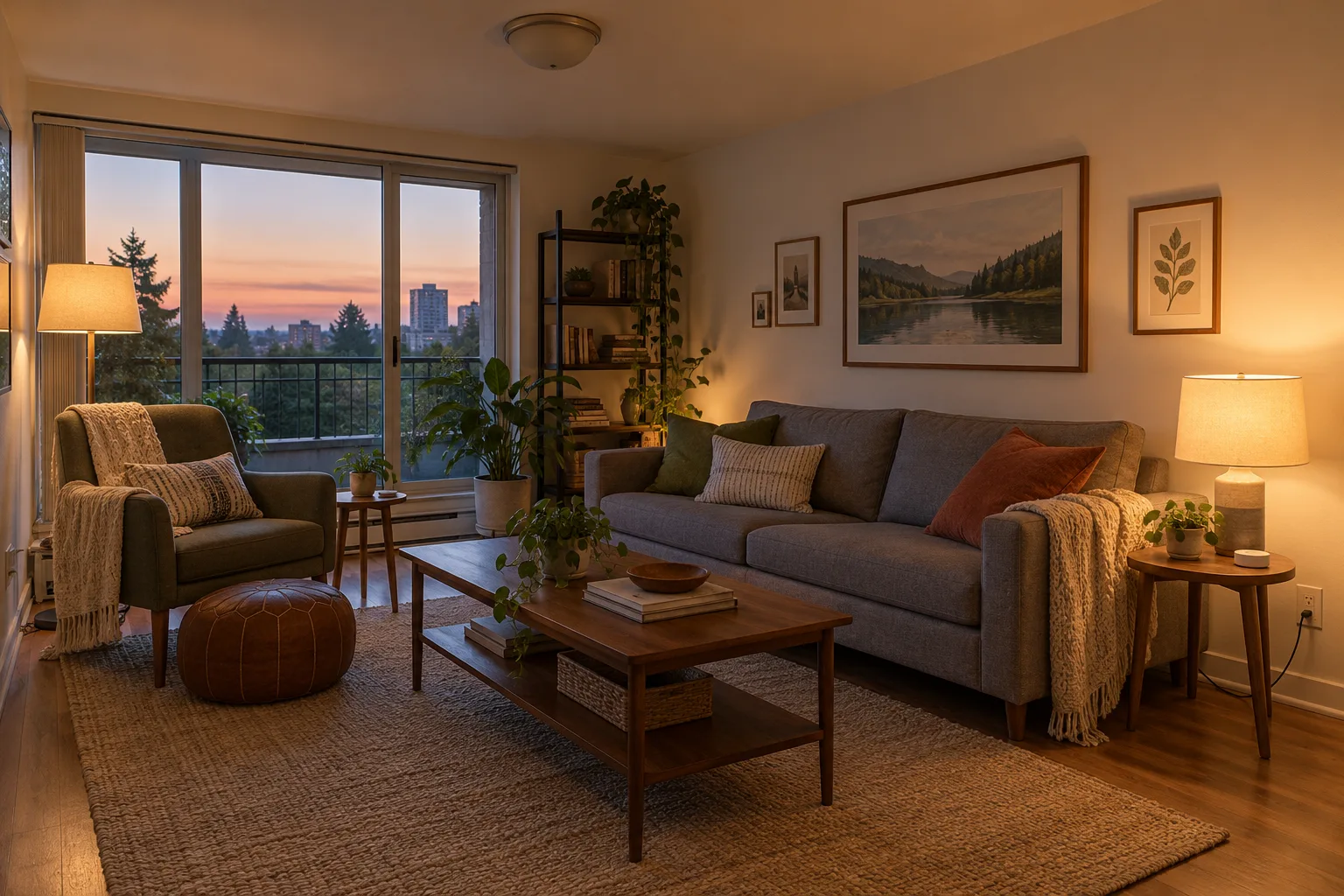 Illustrative apartment lit by portable floor and table lamps while the ceiling fixture remains off.