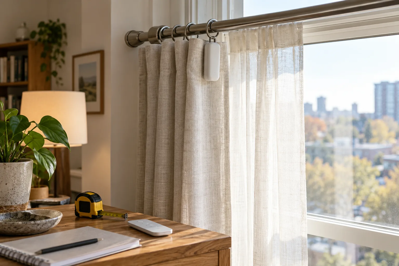 Illustrative linen curtain, existing rod and generic curtain accessory beside a tape measure and remote.