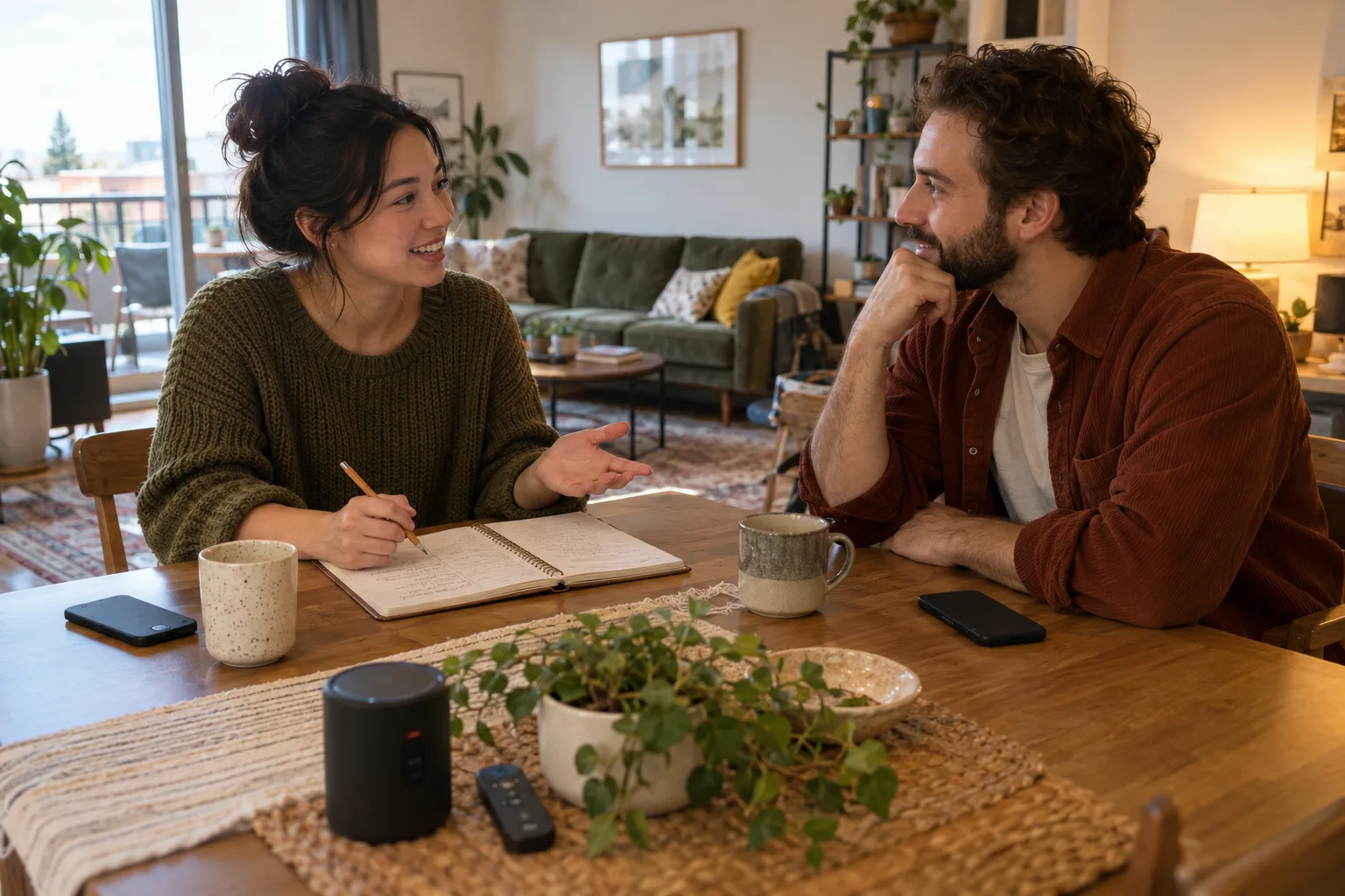 Illustrative roommates discussing household controls with separate phones and a notebook.