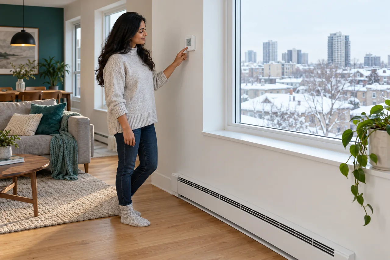Woman beside a wall-mounted thermostat in a winter-lit room with an electric baseboard heater.