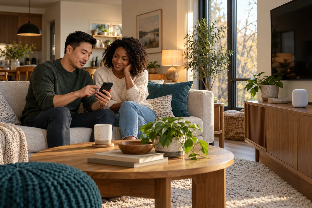 Household members discussing a phone in a living room with a small smart speaker on the console.
