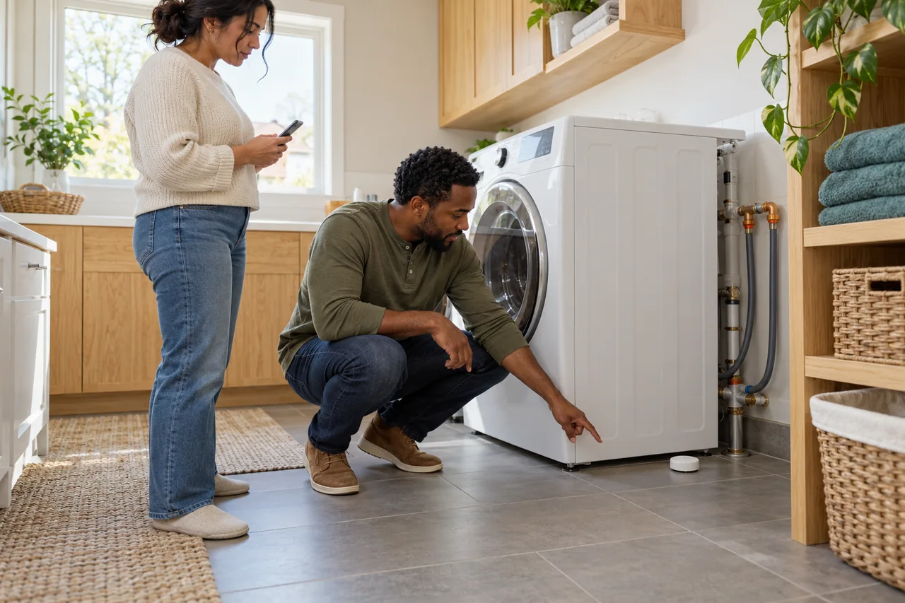 Household members reviewing a small leak sensor on a dry laundry-room floor beside a washing machine.