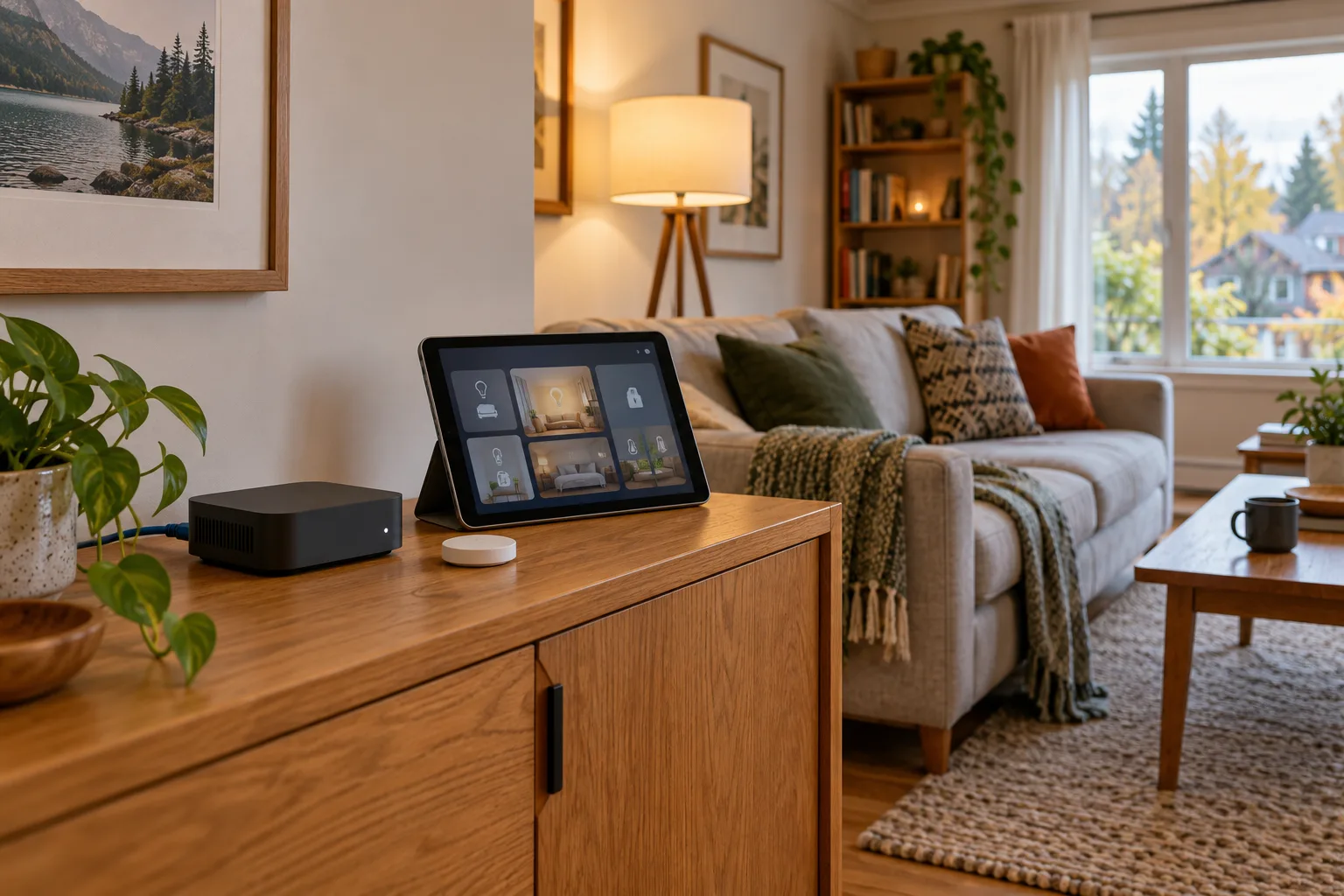 Illustrative living room with a compact generic automation computer, wireless button and tablet on an oak sideboard.