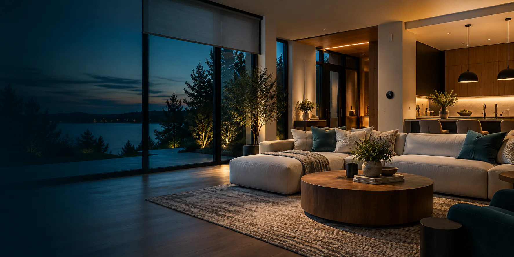 Modern living room with integrated lighting, shades, climate and security automation
