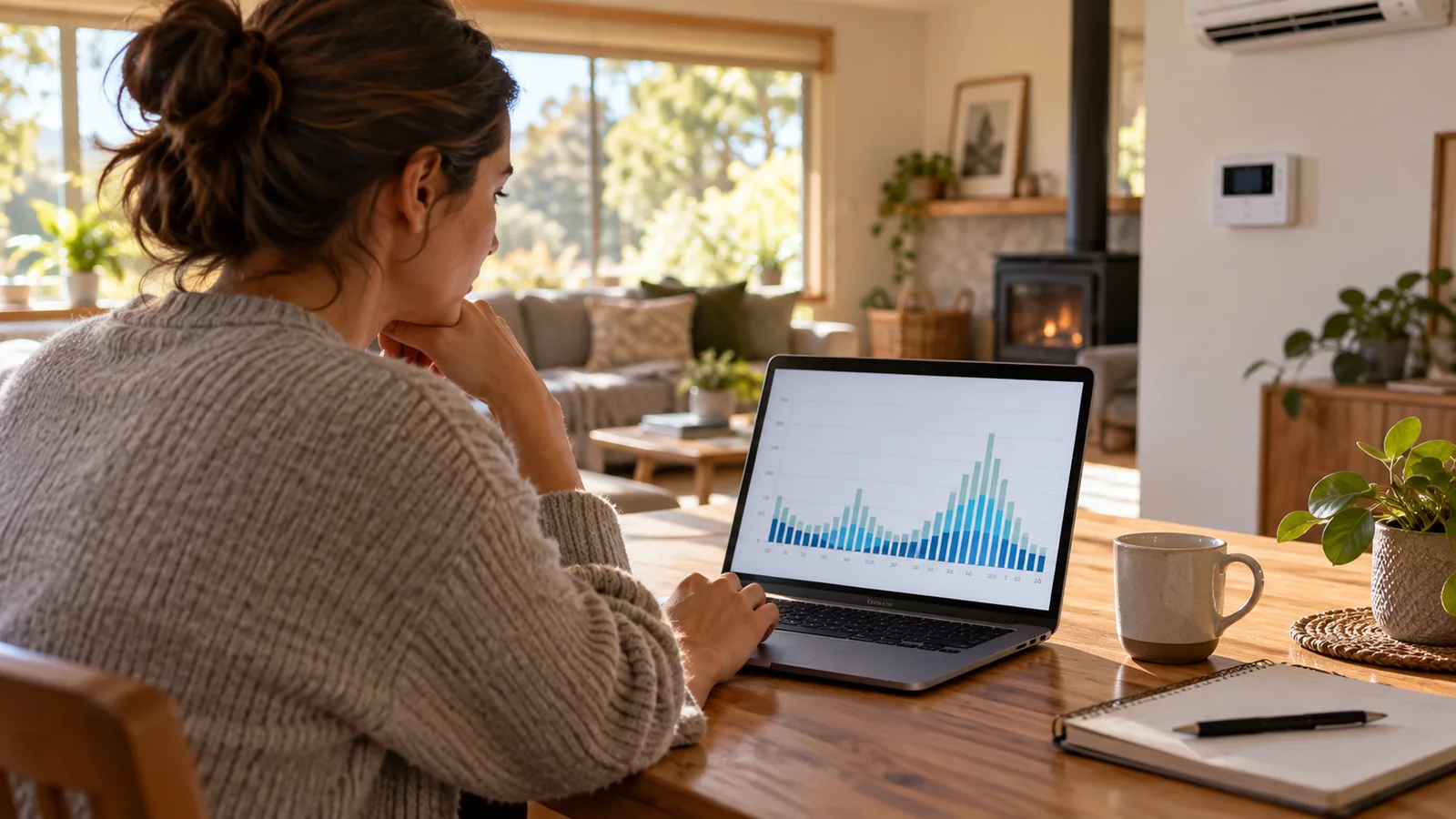 Homeowner examining a simple electricity use chart at a desk
