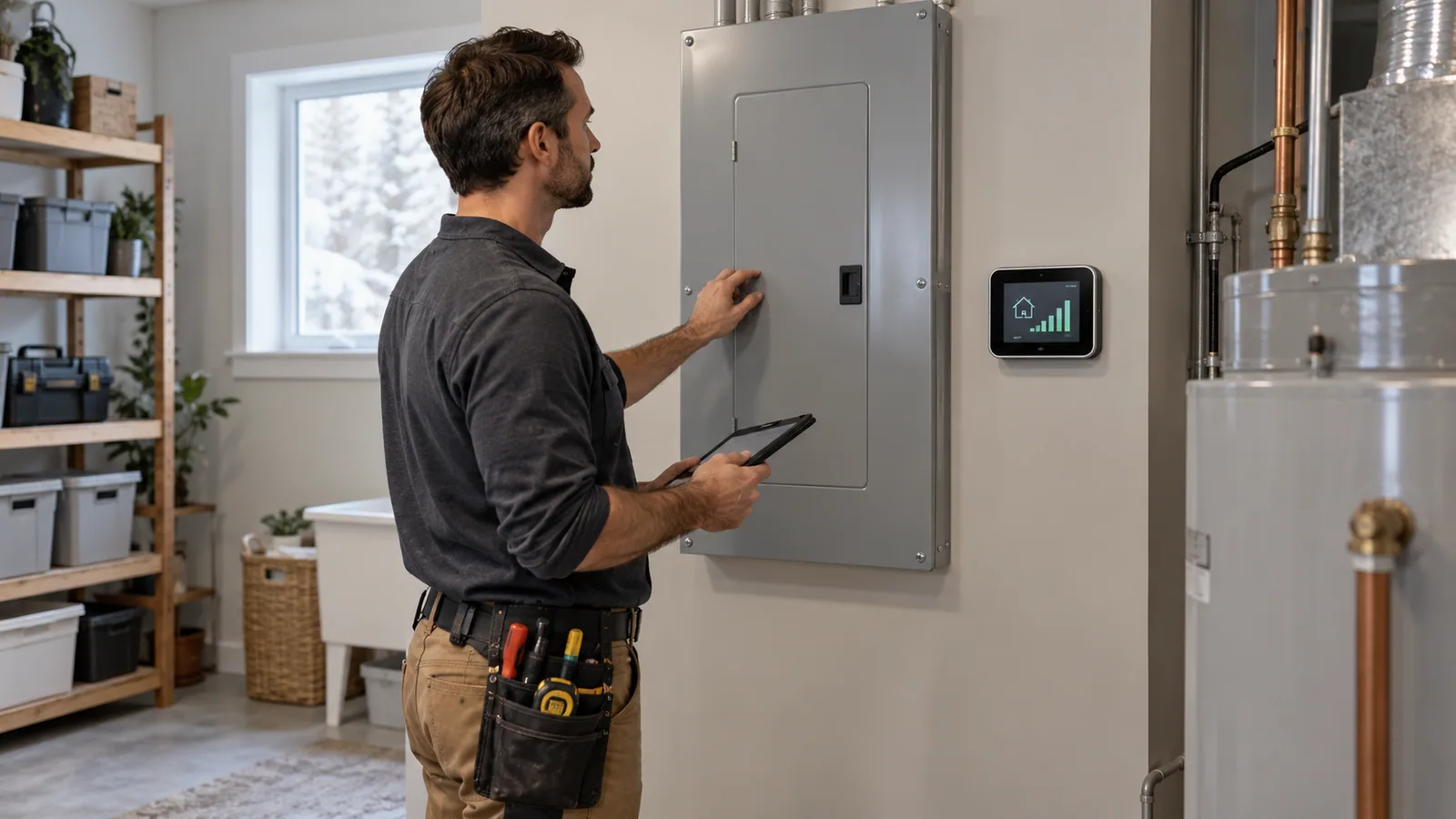 Professional reviewing a closed home electrical panel beside a small energy display