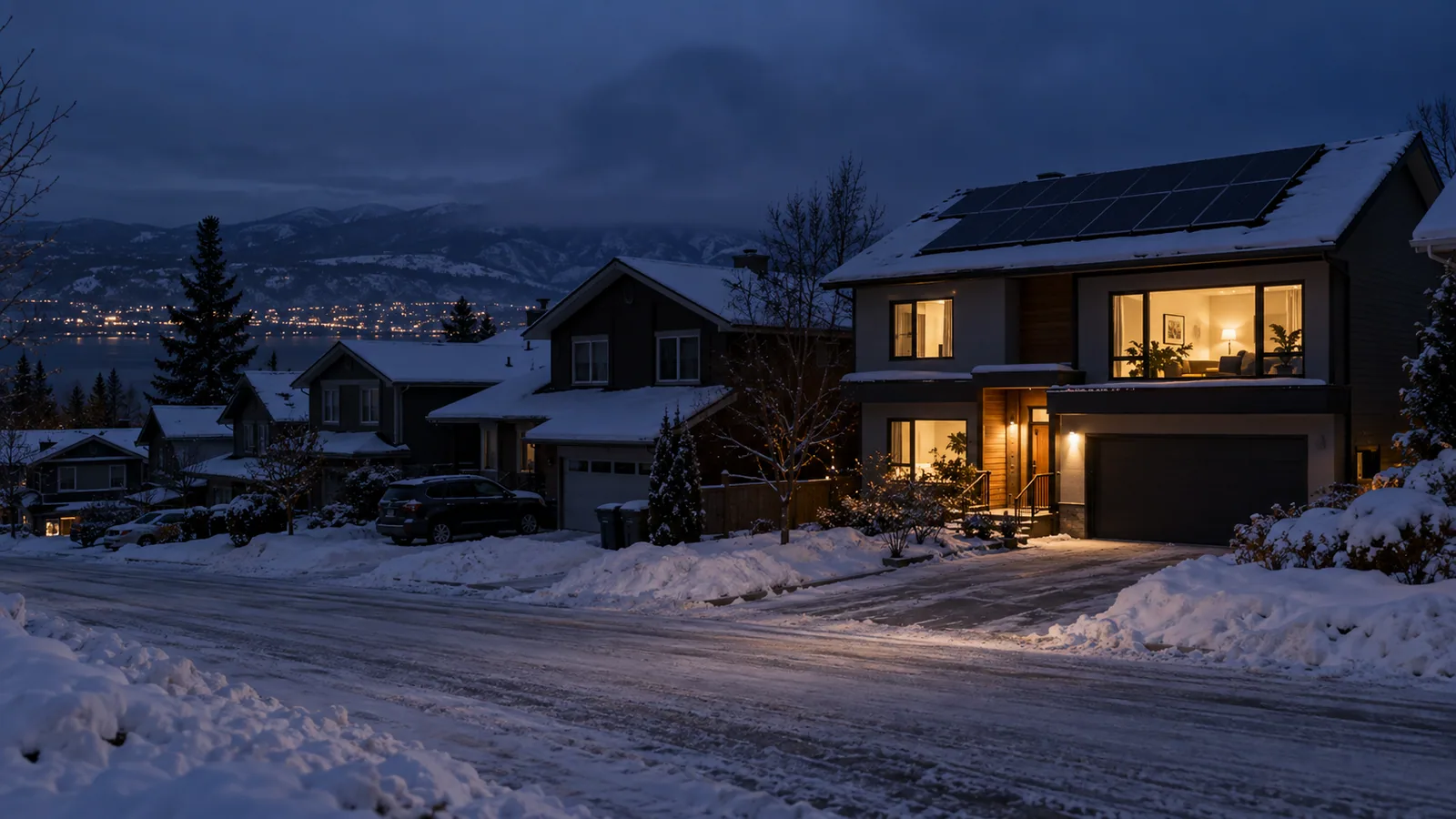 One modestly lit home on a dark snowy street with rooftop solar panels