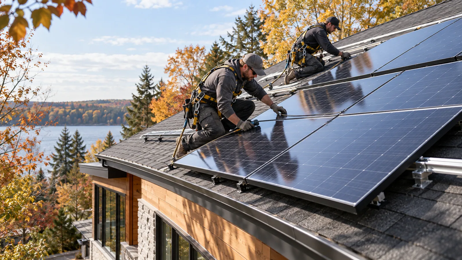 Installers in fall protection equipment fitting rooftop photovoltaic panels