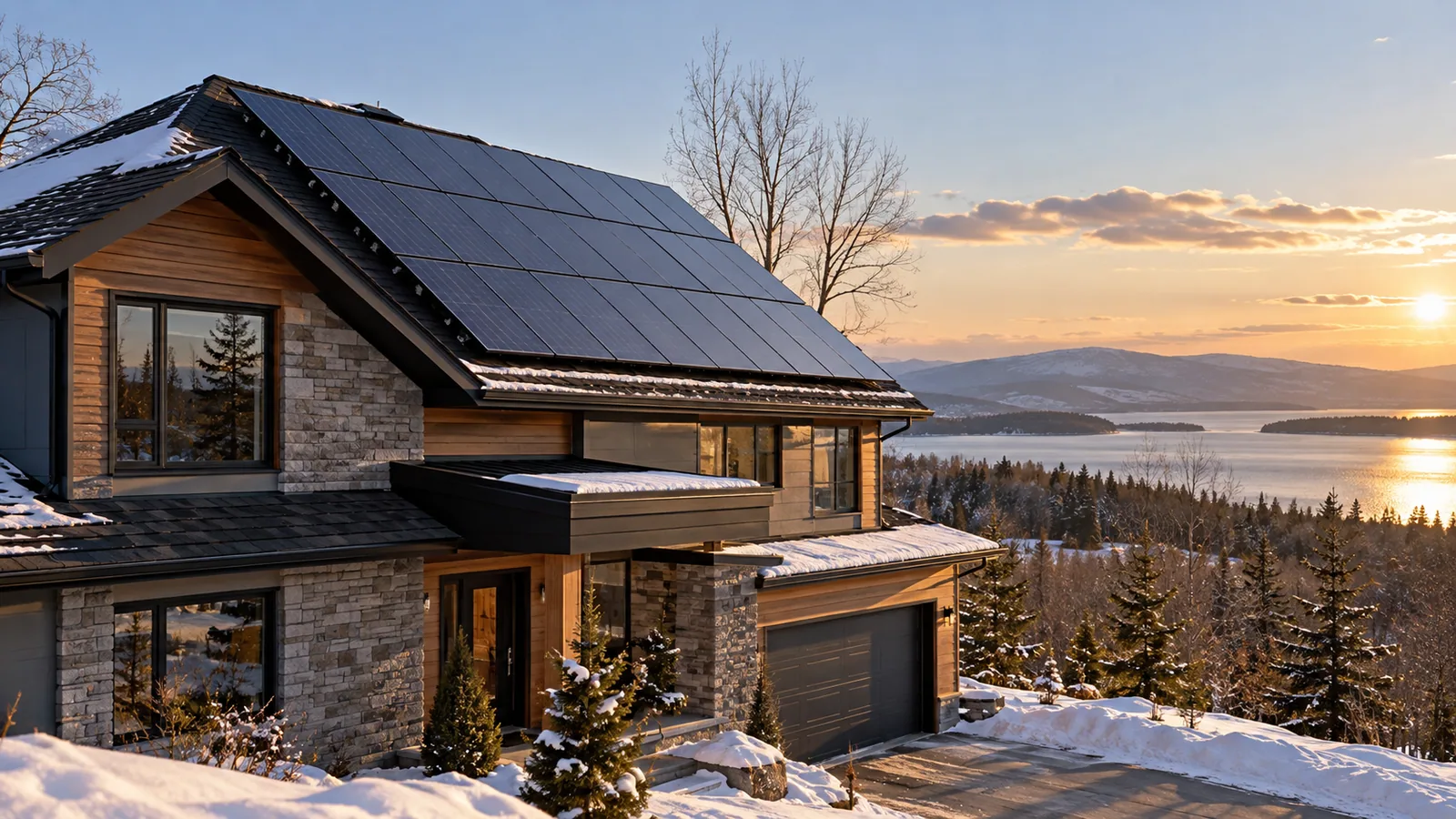 Rooftop solar array on a Canadian home in low winter sunlight