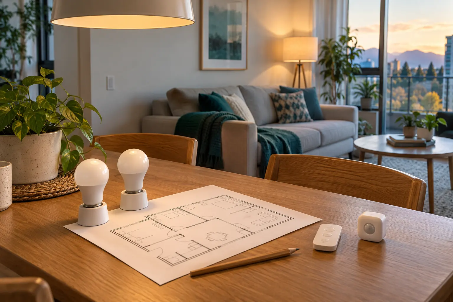Illustrative condo planning table with generic bulbs, a remote, a sensor and a floor plan.