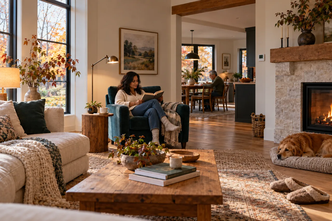 Household members reading and relaxing in a warm autumn living room with a wall thermostat