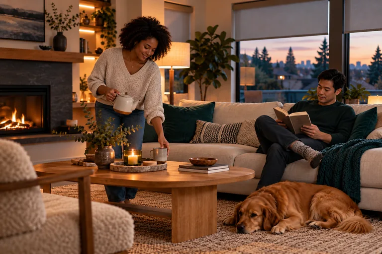 Household members relaxing in a softly lit living room