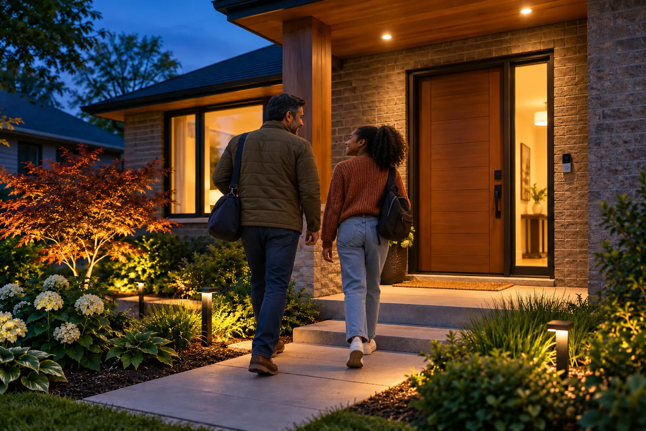 Family arriving at a warmly lit front entrance with a discreet doorbell camera