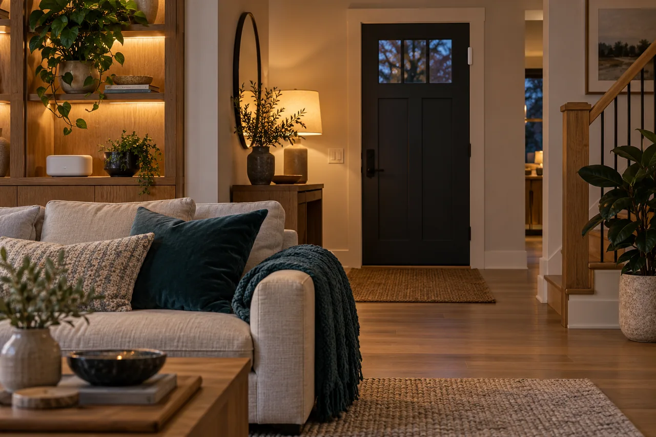 Warm living room with a small smart-home hub and a door contact sensor near the entry