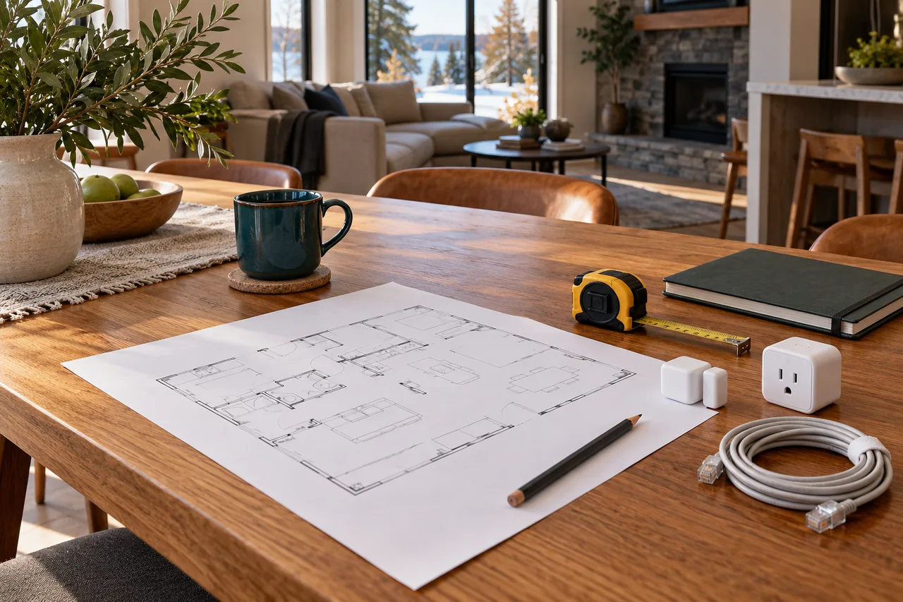A floor plan, pencil, network cable, smart plug and small sensor on an oak planning table
