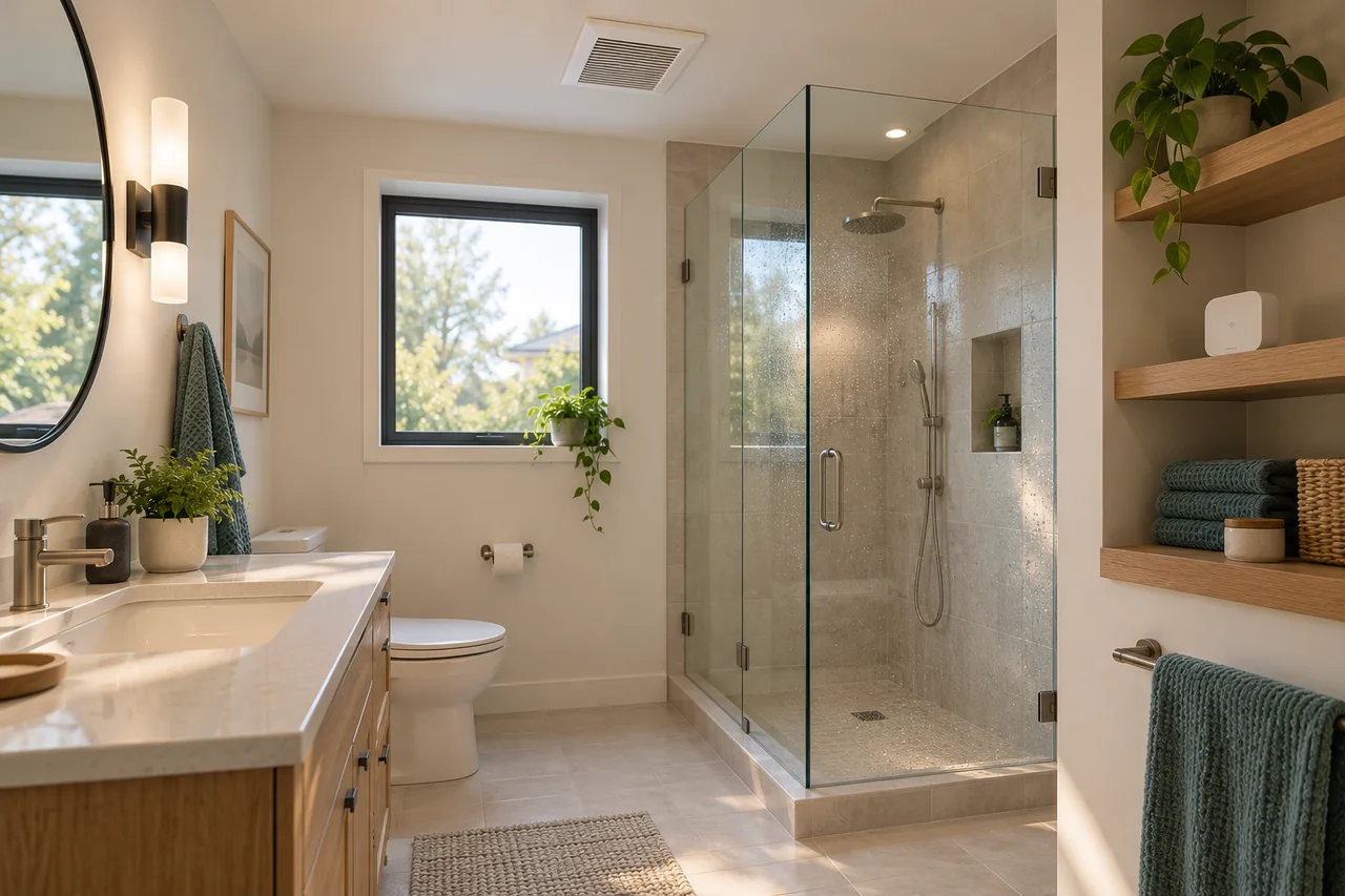 Illustrative bathroom with an exhaust grille, dry-shelf humidity sensor and lightly condensed shower enclosure.