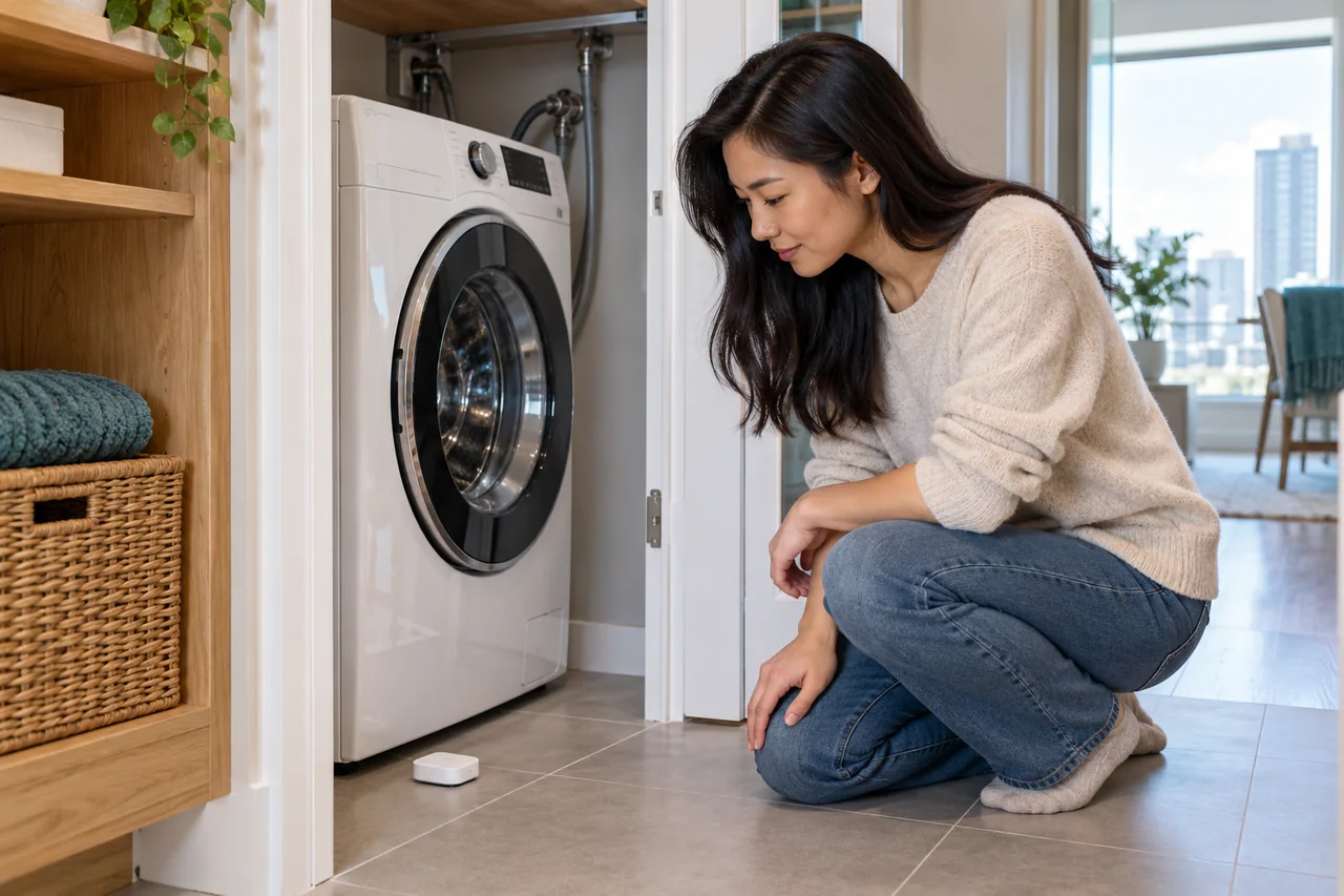 Woman reviewing a small illustrative leak sensor on dry tile beside a condo washing machine.