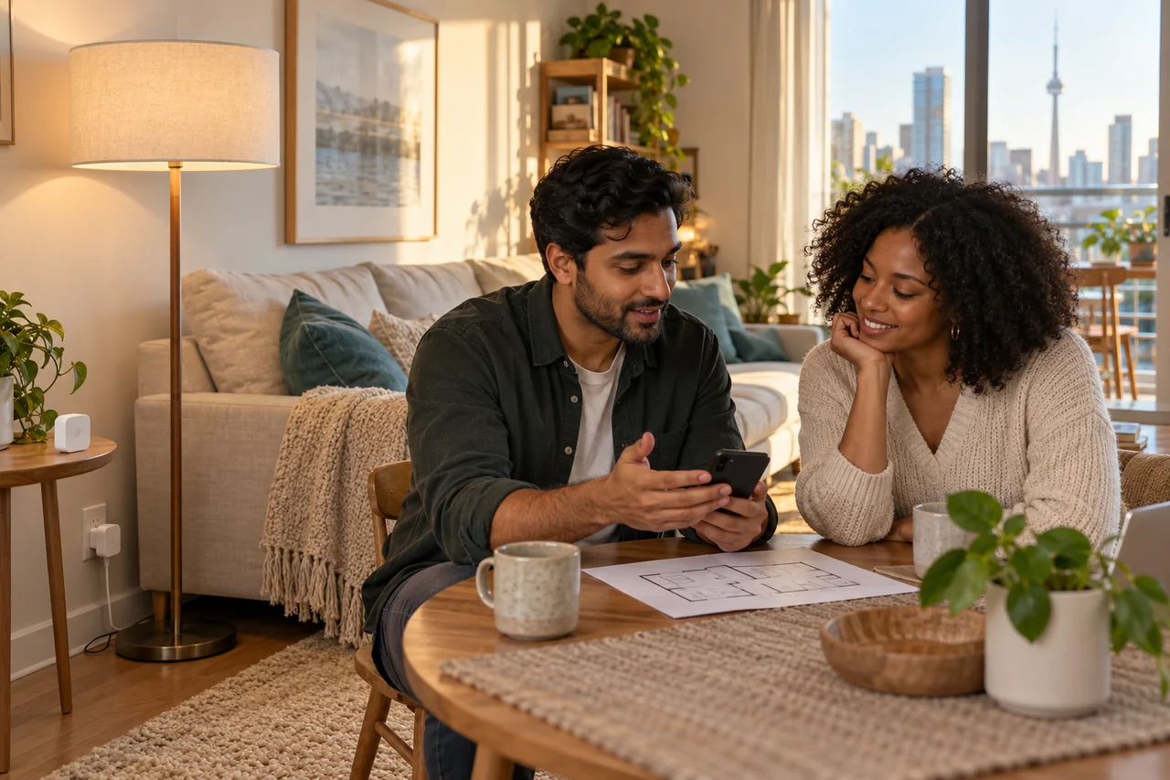 Household members discussing a portable lamp and sensor plan in an illustrative rental apartment.