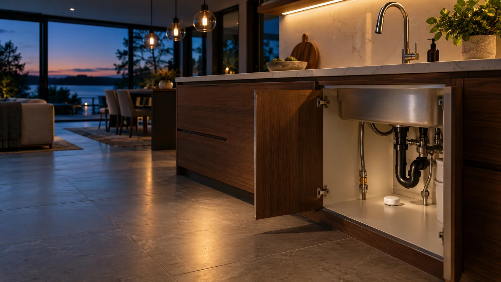 Modern kitchen with a water leak sensor beneath the sink