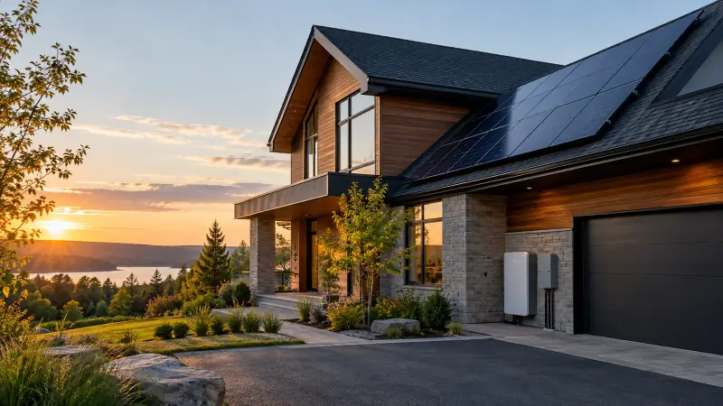 Contemporary home with rooftop solar panels and a wall mounted battery