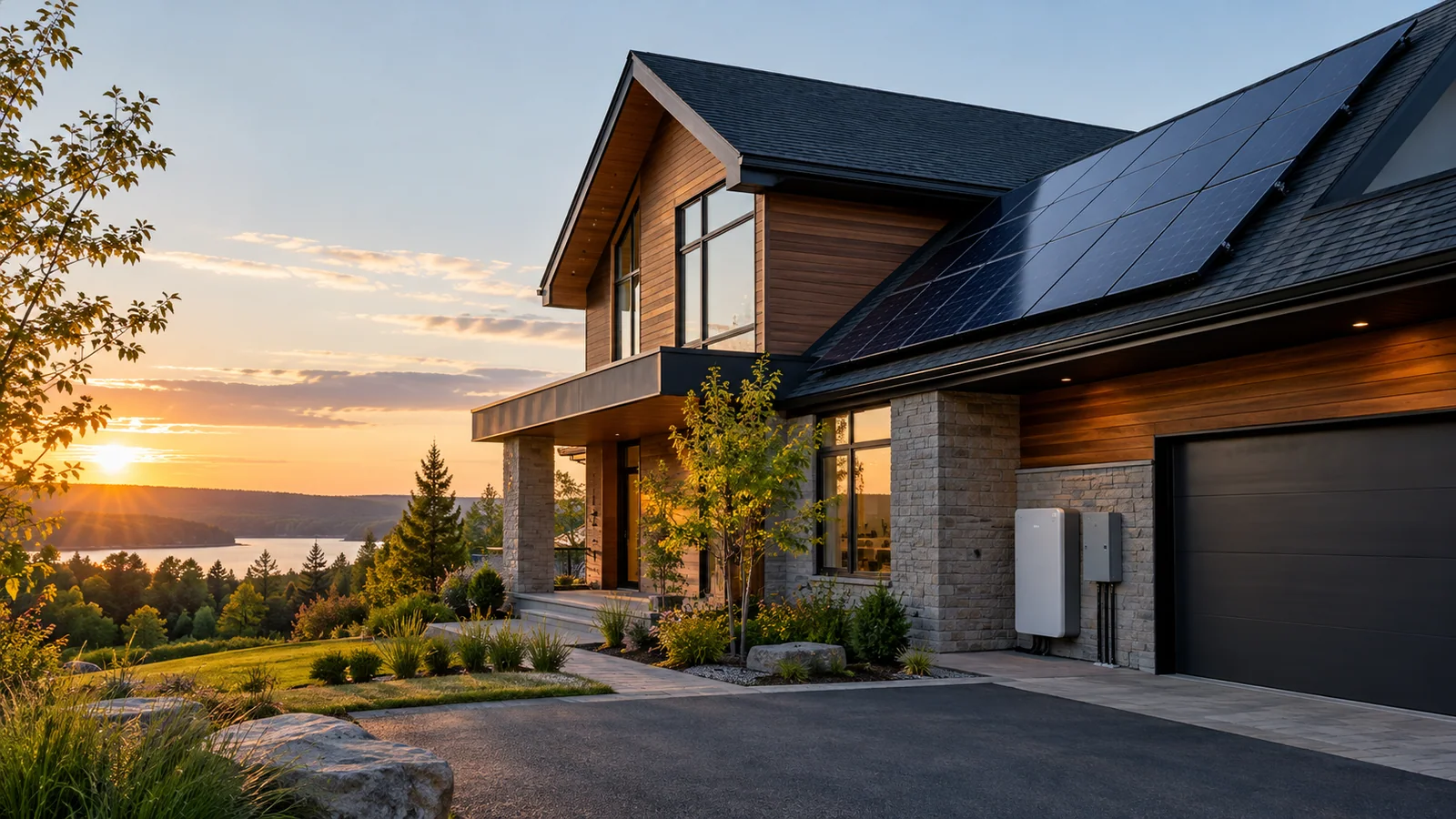 Contemporary home with rooftop solar panels and a wall mounted battery