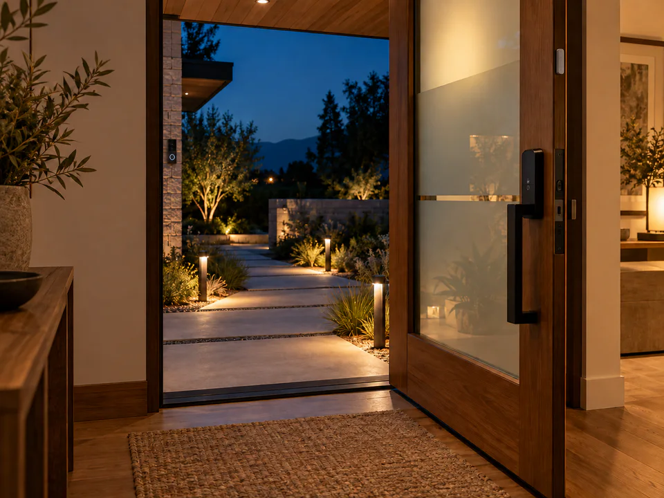 Modern entry with integrated smart lock, doorbell and pathway lighting