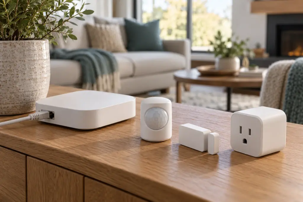 Illustrative smart home hub, motion sensor, contact sensor and smart plug on an oak console.