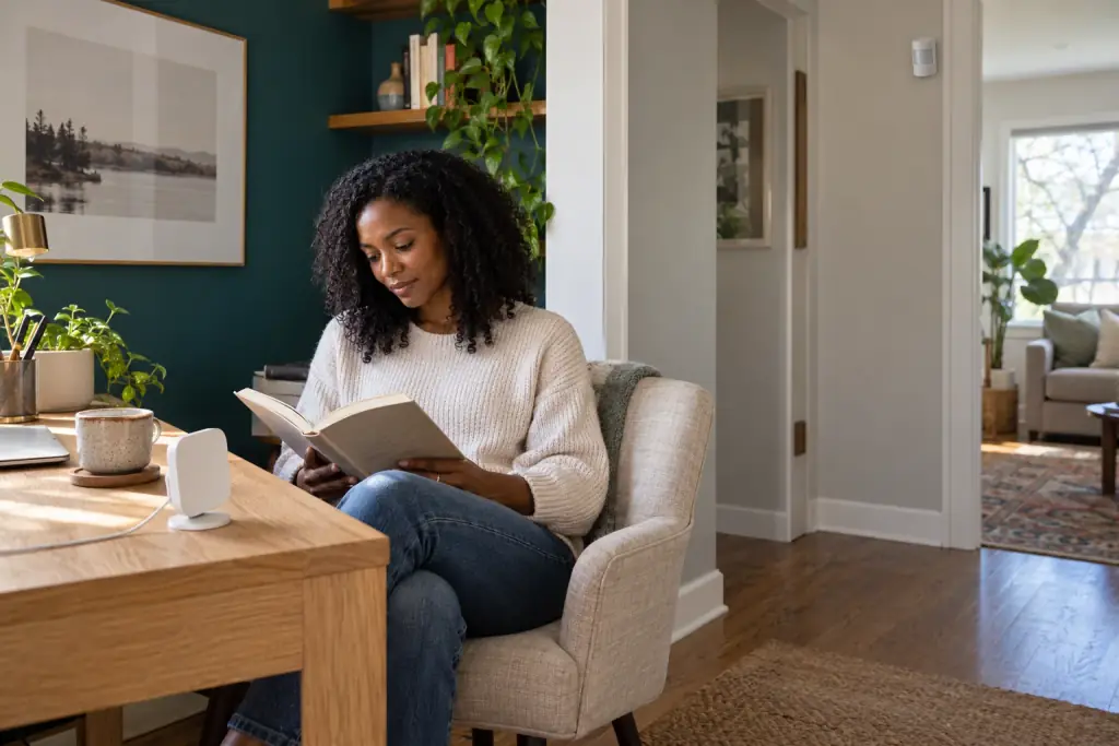 Woman reading quietly at a home office desk with an illustrative presence sensor and a doorway motion sensor.