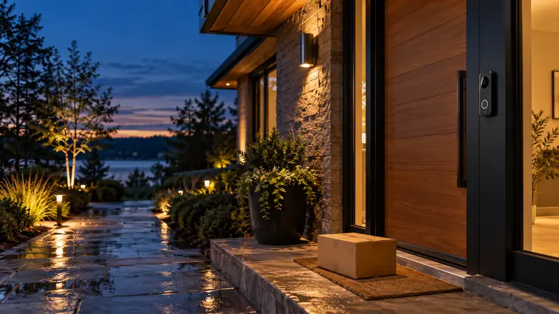 Evening front entry with a doorbell camera and delivered parcel