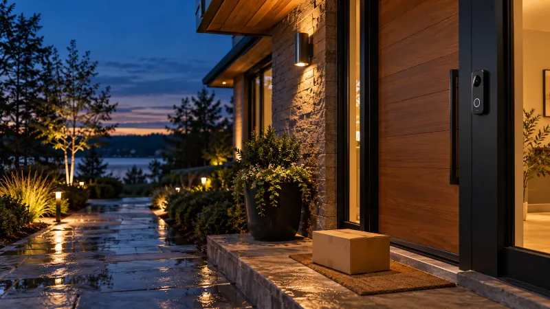 Evening front entry with a doorbell camera and delivered parcel
