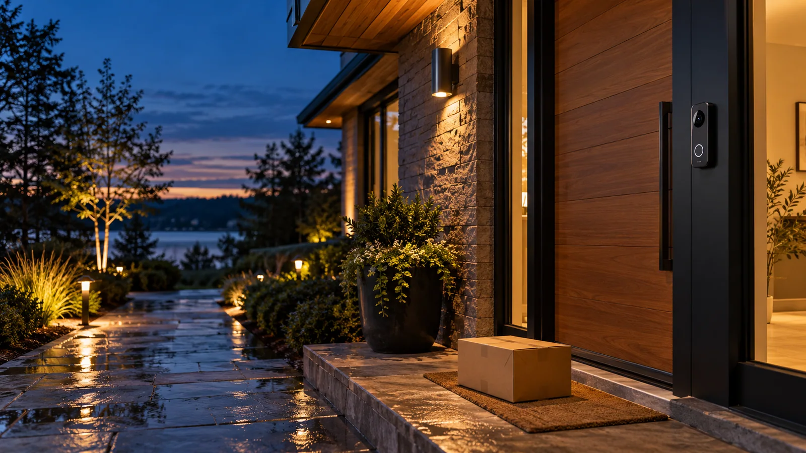 Evening front entry with a doorbell camera and delivered parcel