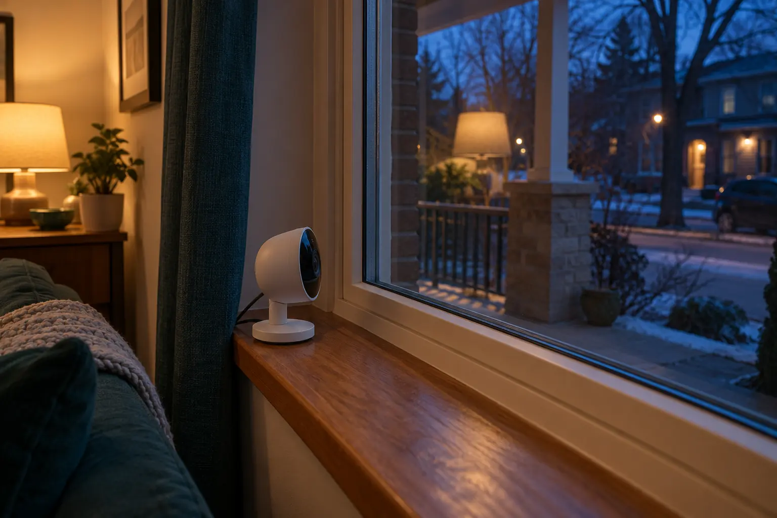 Illustrative indoor camera facing a closed apartment window, with a warm lamp reflected in the glass at dusk.